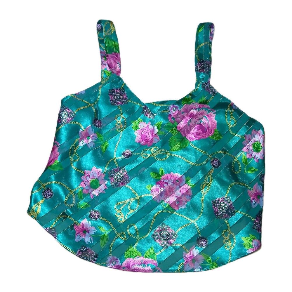 Vintage Inner Most Women’s Medium Teal Satin Floral Tank Top 90s Y2K Baroque